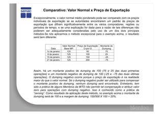 Comparativo: Valor Normal x Preço de Exportação

Excepcionalmente, o valor normal médio ponderado pode ser comparado com os preços
individuais de exportação se as autoridades encontrarem um padrão de preços de
exportação que difiram significativamente entre os vários compradores, regiões ou
períodos de tempo, e se uma explicação for dada para a razão de tais diferenças não
poderem ser adequadamente consideradas pelo uso de um dos dois principais
métodos.Se nós aplicarmos o método excepcional para o exemplo acima, o resultado
será bem diferente:


                          Valor Normal   Preço de Exportação   Montante de
              Data         Base MP             O-por-O          Dumping
          1o de janeiro       125                50                75
          8 de janeiro        125                100               25
          15 de janeiro       125                150              -25
          21 de janeiro       125                200              -75



Assim, há um montante positivo de dumping de 100 (75 e 25 das duas primeiras
operações) e um montante negativo de dumping de 100 (-25 e –75 das duas últimas
operações). O dumping negativo ocorre porque o preço de exportação é na realidade
maior do que o valor normal. Se o dumping negativo puder ser utilizado para compensar
o montante positivo de dumping, nenhum dumping será encontrado. Entretanto, tem
sido a prática de alguns Membros da WTO não permitir tal compensação e atribuir valor
zero para operações com dumping negativo. Isso é conhecido como a prática de
“zeroing”. Como resultado da aplicação deste método, no exemplo acima o montante de
dumping será de 100 e a margem de dumping: 100/500 X 100 = 20%.
 