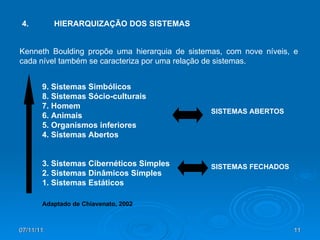 Kenneth Boulding propõe uma hierarquia de sistemas, com nove níveis, e cada nível também se caracteriza por uma relação de sistemas. 4. HIERARQUIZAÇÃO DOS SISTEMAS 9. Sistemas Simbólicos 8. Sistemas Sócio-culturais 7. Homem 6. Animais 5. Organismos inferiores 4. Sistemas Abertos 3. Sistemas Cibernéticos Simples 2. Sistemas Dinâmicos Simples 1. Sistemas Estáticos SISTEMAS ABERTOS SISTEMAS FECHADOS Adaptado de Chiavenato, 2002 