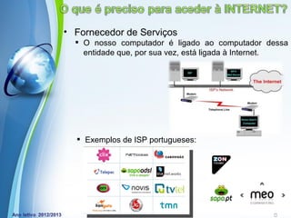 • Fornecedor de Serviços
   O nosso computador é ligado ao computador dessa
    entidade que, por sua vez, está ligada à Internet.




   Exemplos de ISP portugueses:




          Powerpoint Templates
                                           Page 11
 