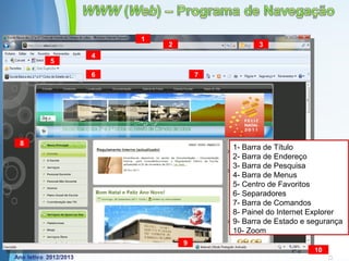 1
                    2                     3
        4
    5

        6                 7




8
                                   1- Barra de Título
                                   2- Barra de Endereço
                                   3- Barra de Pesquisa
                                   4- Barra de Menus
                                   5- Centro de Favoritos
                                   6- Separadores
                                   7- Barra de Comandos
                                   8- Painel do Internet Explorer
                                   9- Barra de Estado e segurança
                                   10- Zoom
                        9
            Powerpoint Templates
                                                   Page 10
                                                        13
 