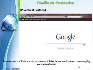 IP (Internet Protocol)




Para descobrir o IP de um site, acedemos à linha de comandos e escrevemos ping
                                 www.google.com
                                Powerpoint Templates
                                                                    Page 20
 