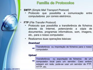 •   SMTP (Simple Mail Transport Protocol)
     • Protocolo que possibilita a comunicação               entre
       computadores por correio eletrónico.

•   FTP (File Transfer Protocol)
     • Protocolo que possibilita a transferência de ficheiros
       através da Internet, potenciando a cópia de
       documentos, programas informáticos, som, imagens,
       etc., para o nosso computador.
     • Realizamos duas operações básicas:
       Download
              Transferência ou importação de ficheiros para o nosso
              computador.

       Upload
              Transferência ou exportação de ficheiros de um
              computador local para um servidor. Caso ambos
              estejam em rede, pode-se usar um servidor de FTP,
             Powerpoint Templates
              HTTP, etc.                          Page 22
 