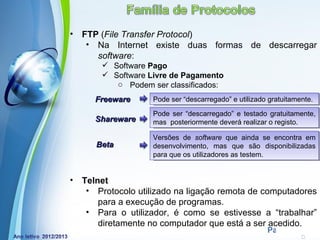 •   FTP (File Transfer Protocol)
     • Na Internet existe duas formas de descarregar
       software:
         Software Pago
         Software Livre de Pagamento
           o Podem ser classificados:
       Freeware     Pode ser “descarregado” e utilizado gratuitamente.

                    Pode ser “descarregado” e testado gratuitamente,
       Shareware    mas posteriormente deverá realizar o registo.

                    Versões de software que ainda se encontra em
       Beta         desenvolvimento, mas que são disponibilizadas
                    para que os utilizadores as testem.


•   Telnet
     • Protocolo utilizado na ligação remota de computadores
        para a execução de programas.
     • Para o utilizador, é como se estivesse a “trabalhar”
        diretamente no computador que está a ser acedido.
              Powerpoint Templates
                                                       Page 23
 