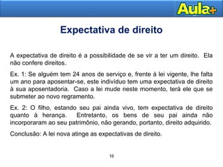 2323
16
Expectativa de direito
A expectativa de direito é a possibilidade de se vir a ter um direito. Ela
não confere direitos.
Ex. 1: Se alguém tem 24 anos de serviço e, frente à lei vigente, lhe falta
um ano para aposentar-se, este indivíduo tem uma expectativa de direito
à sua aposentadoria. Caso a lei mude neste momento, terá ele que se
submeter ao novo regramento.
Ex. 2: O filho, estando seu pai ainda vivo, tem expectativa de direito
quanto à herança. Entretanto, os bens de seu pai ainda não
incorporaram ao seu patrimônio, não gerando, portanto, direito adquirido.
Conclusão: A lei nova atinge as expectativas de direito.
 