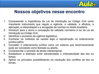 55AULA 1
1. Compreender a importância da Lei de Introdução ao Código Civil como
importante instrumento que regula a vigência, a validade, a eficácia, a
aplicação, a interpretação e a revogação de normas no direito brasileiro.
2. Introduzir para o aluno a concepção de validade normativa à luz da Lei de
Introdução ao Código Civil.
3. Identificar o processo de vigência legislativa.
4. Conhecer os institutos da vacatio legis e repristinação no ordenamento
jurídico pátrio.
5. Conceber o ordenamento jurídico como um sistema que doutrinariamente
pode ser concebido como fechado ou aberto.
6. Compreender o conceito de direito intertemporal.
7. Estabelecer a distinção entre retroatividade e irretroatividade das leis no
tempo.
8. Aplicar os princípios possbilitadores da resolução dos conflitos de leis no
tempo.
5
Nossos objetivos nesse encontro
 
