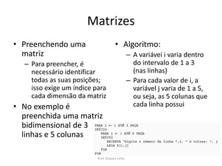 Matrizes
• Preenchendo uma
matriz
– Para preencher, é
necessário identificar
todas as suas posições;
isso exige um índice para
cada dimensão da matriz
• No exemplo é
preenchida uma matriz
bidimensional de 3
linhas e 5 colunas
• Algoritmo:
– A variávei i varia dentro
do intervalo de 1 a 3
(nas linhas)
– Para cada valor de i, a
variável j varia de 1 a 5,
ou seja, as 5 colunas que
cada linha possui
Prof. Gracon Lima
 
