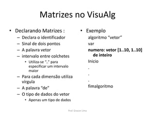 Matrizes no VisuAlg
• Declarando Matrizes :
– Declara o identificador
– Sinal de dois pontos
– A palavra vetor
– intervalo entre colchetes
• Utiliza-se “..” para
especificar um intervalo
maior
– Para cada dimensão utiliza
vírgula
– A palavra “de”
– O tipo de dados do vetor
• Apenas um tipo de dados
• Exemplo
algoritmo “vetor”
var
numero: vetor [1..10, 1..10]
de inteiro
Inicio
.
.
.
fimalgoritmo
Prof. Gracon Lima
 