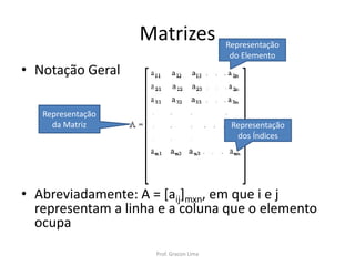 Matrizes
• Notação Geral
• Abreviadamente: A = [aij]mxn, em que i e j
representam a linha e a coluna que o elemento
ocupa
Representação
da Matriz
Representação
do Elemento
Representação
dos Índices
Prof. Gracon Lima
 