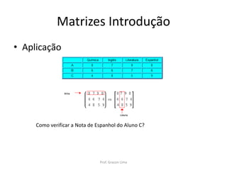 Matrizes Introdução
Como verificar a Nota de Espanhol do Aluno C?
• Aplicação
Prof. Gracon Lima
 