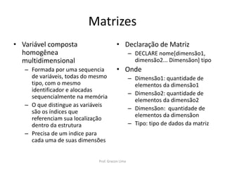Matrizes
• Declaração de Matriz
– DECLARE nome[dimensão1,
dimensão2... Dimensãon] tipo
• Onde
– Dimensão1: quantidade de
elementos da dimensão1
– Dimensão2: quantidade de
elementos da dimensão2
– Dimensãon: quantidade de
elementos da dimensãon
– Tipo: tipo de dados da matriz
• Variável composta
homogênea
multidimensional
– Formada por uma sequencia
de variáveis, todas do mesmo
tipo, com o mesmo
identificador e alocadas
sequencialmente na memória
– O que distingue as variáveis
são os índices que
referenciam sua localização
dentro da estrutura
– Precisa de um indice para
cada uma de suas dimensões
Prof. Gracon Lima
 
