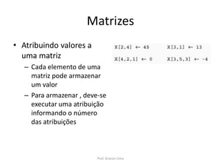 Matrizes
• Atribuindo valores a
uma matriz
– Cada elemento de uma
matriz pode armazenar
um valor
– Para armazenar , deve-se
executar uma atribuição
informando o número
das atribuições
Prof. Gracon Lima
 