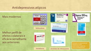 Mais modernos
Melhor perfil de
efeitos colaterais e
eficácia semelhante
aos anteriores Utilizada no tratamento do
tabagismo e para
potencializar a ação dos
outros antidepressivos.
Venlafaxina
Nefazodona
cloridrato de milnaciprano
Antidepressivos atípicos
 