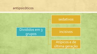 antipsicóticos
Divididos em 3
grupos
sedativos
incisivos
Atípicos e de
última geração
 
