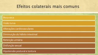 Boca seca
Visão turva
Alterações cardiovasculares
Diminuição do hábito intestinal
Retenção urinária
Disfunção sexual
Hipotensão postural e tontura
 