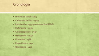 Cronologia
 Hidrato de cloral - 1864
 Carbonato de lítio – 1949
 Iproniazida – 1953 (precursora dos IMAO)
 Flufenazina – 1956
 Clordiazepóxido - 1957
 Haloperidol – 1958
 Fluoxetina - 1988
 Risperidona – 1992
 Olanzapina - 1997
 
