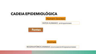 CADEIA EPIDEMIOLÓGICA
Fontes
Homem (MAIORIA)
Animais
RESERVATÓRIOSANIMAIS zoonoses/antropozoonoses
INTER-HUMANO: antropono...