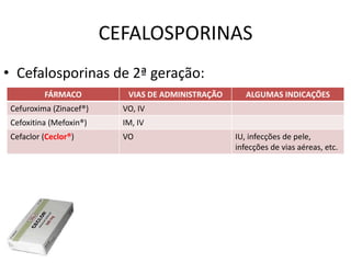 CEFALOSPORINAS
• Cefalosporinas de 2ª geração:
FÁRMACO VIAS DE ADMINISTRAÇÃO ALGUMAS INDICAÇÕES
Cefuroxima (Zinacef®) VO, IV
Cefoxitina (Mefoxin®) IM, IV
Cefaclor (Ceclor®) VO IU, infecções de pele,
infecções de vias aéreas, etc.
 