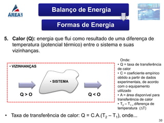 Balanço de Energia

                       Formas de Energia

5. Calor (Q): energia que flui como resultado de uma diferença de
   temperatura (potencial térmico) entre o sistema e suas
   vizinhanças.
                                                     Onde:
                                                   • Q = taxa de transferência
  • VIZINHANÇAS
                                                   de calor
                                                   • C = coeficiente empírico
                                                   obtido a partir de dados
                    • SISTEMA                      experimentais, de acordo
                                                   com o equipamento
                                                   utilizado
       Q>O                           Q<O           • A = área disponível para
                                                   transferência de calor
                                                   • T2 – T1 = diferença de
                                                   temperatura (∆T)

• Taxa de transferência de calor: Q = C.A.(T2 – T1), onde...
                                                                            30
 