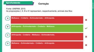 A
B
C
D
Aprofundando
Mollusca – Cnidaria – Echinodermata – Arthropoda.
Arthropoda – Echinodermata – Cnidaria – Mollusca.
Arthropoda – Cnidaria – Mollusca – Echinodermata.
Mollusca – Echinodermata – Cnidaria – Arthropoda.
Fonte: UNIPAM, 2010.
As proposições I, II, III e IV representam, respectivamente, animais dos filos:
Correção
 
