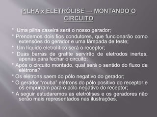 * Uma pilha caseira será o nosso gerador;
* Prendemos dois fios condutores, que funcionarão como
extensões do gerador e uma lâmpada de teste;
* Um líquido eletrolítico será o receptor;
* Duas barras de grafite servirão de eletrodos inertes,
apenas para fechar o circuito;
* Após o circuito montado, qual será o sentido do fluxo de
elétrons?
* Os elétrons saem do pólo negativo do gerador;
* O gerador “rouba” elétrons do pólo positivo do receptor e
os empurram para o pólo negativo do receptor;
* A seguir estudaremos as eletrólises e os geradores não
serão mais representados nas ilustrações.
 