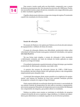 A U L A        Este ensaio é muito usado pela sua brevidade, comparado com o ensaio
          de fluência propriamente dito. Sua duração fica em torno de 1.000 horas. Porém,

14        são necessários muitos corpos de provas, ensaiados com cargas diferentes, para
          se obter resultados significativos.

              O gráfico deste ensaio relaciona a carga com o tempo de ruptura. É construído
          a partir dos resultados de diversos testes.




              Ensaio de relaxação

              Os ensaios de fluência e de ruptura por fluência envolvem elevado número
          de equipamentos e milhares de horas de ensaio.

              O ensaio de relaxação elimina essa dificuldade, produzindo dados sobre
          velocidade de fluência/tensão numa gama variada de velocidades, com apenas
          um corpo de prova.

              Na sua forma mais simples, o ensaio de relaxação é feito mantendo
          a deformação constante, por meio da redução da tensão aplicada ao corpo
          de prova ao longo do tempo.

              O resultado é justamente a queda da tensão ao longo do tempo, que mantém
          a velocidade de deformação constante, num dado valor.

              A maioria dos ensaios de relaxação duram de 1.000 a 2.000 horas.
          Os resultados não têm relação direta com aplicação prática e são extrapolados
          empiricamente para situações reais.

              A principal desvantagem deste ensaio prende-se às exigências do equipa-
          mento, cujo sistema de medição de força deve permitir medições precisas
          de pequenas variações de carga ao longo do tempo.

              Outro aspecto delicado na realização deste tipo de ensaio é a necessidade de
          um estreito controle da temperatura da sala onde se encontra o equipamento,
          pois mesmo pequenas flutuações da temperatura provocam efeitos de dilatação
          nos componentes da máquina, que podem alterar os resultados.

              Embora na prática esses ensaios se restrinjam às atividades de pesquisa
          e desenvolvimento de novos materiais e ligas metálicas, é evidente sua impor-
          tância para determinar as condições seguras de uso de diversos produtos.
 
