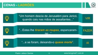 12
CENAS - LADRÕES
“Um homem descia de Jerusalém para Jericó,
quando caiu nas mãos de assaltantes...” VIR
“...Estes lhe tiraram as roupas, espancaram-
no...”
FAZER
“...e se foram, deixando-o quase morto”.
Pastor Jailson Santos www.kerygma21.com.br
 