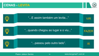 14
CENAS - LEVITA
“...E assim também um levita...” VIR
“...quando chegou ao lugar e o viu...” FAZER
“...passou pelo outro lado”.
Pastor Jailson Santos www.kerygma21.com.br
 
