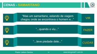 15
CENAS - SAMARITANO
“Mas um samaritano, estando de viagem
chegou onde se encontrava o homem e...” VIR
“...quando o viu...” FAZER
“...teve piedade dele...”
Pastor Jailson Santos www.kerygma21.com.br
 
