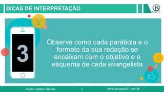 6
DICAS DE INTERPRETAÇÃO
3
Observe como cada parábola e o
formato da sua redação se
encaixam com o objetivo e o
esquema de cada evangelista
Pastor Jailson Santos www.kerygma21.com.br
 