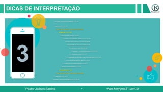 7
DICAS DE INTERPRETAÇÃO
3
1 Jerusalém: eventos escatológicos (9:51-56)
2 segue-me (9:57-10:12)
3 que farei para herdar a vida eterna? (10:25-41)
4 ORAÇÃO (11:1-13)
5 Sinais e o reino atual (11:14-32)
6 Conflito com os fariseus: dinheiro (11:37-12:34)
7 O reino ainda não veio, e já veio (12:35-59)
8 O chamado do reino para Israel (13:1-9)
9 A natureza do reino (13:10-20)
10 Jerusalém: eventos escatológicos (13:22-35)
9’. A natureza do reino (14:1-11)
8’ O chamado do reino para Israel e os proscritos (14:12-15:32
7’ o reino ainda não veio, e já veio (16:1-8, 16)
6’ conflito com os fariseus: dinheiro (16:9-31)
5’ sinais e o reino vindouro (17:11-37)
4’ ORAÇÃO (18:1-14)
3’ que farei para herdar a vida eterna? (18:18-30)
2’ segue-me (18:35-19:9)
1’ Jerusalém: eventos escatológicos (19:10, 28-48)
Pastor Jailson Santos www.kerygma21.com.br
 