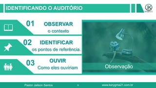 9
03
02
01
IDENTIFICANDO O AUDITÓRIO
OBSERVAR
o contexto
IDENTIFICAR
os pontos de referência.
OUVIR
Como eles ouviriam Observação
📌
👪
📖
Pastor Jailson Santos www.kerygma21.com.br
 