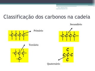 Prof. Maiquel Vieira
                                engmaiquel@gmail.com




Classificação dos carbonos na cadeia
                                                          Secundário

              Primário




          Terciário




                         Quaternário
 