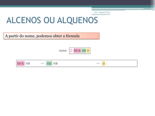 Prof. Maiquel Vieira
                                            engmaiquel@gmail.com



ALCENOS OU ALQUENOS
A partir do nome, podemos obter a fórmula
 