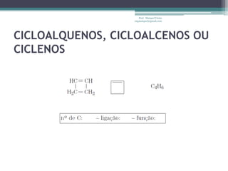 Prof. Maiquel Vieira
                  engmaiquel@gmail.com




CICLOALQUENOS, CICLOALCENOS OU
CICLENOS
 