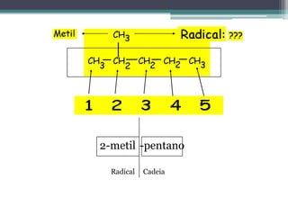 2-metil -pentano

  Radical   Cadeia
 