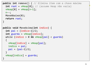 18
public int remove() { // Elimina item com a chave máxima
int root = vHeap[0]; // (assume Heap não vazia)
vHeap[0] = vHeap[n-1];
n--;
MoveAbaixo(0);
return root;
}
public void MoveAcima(int indice) {
int pai = (indice-1)/2;
int guarda = vHeap[indice];
while (índice > 0 && vHeap[pai] < guarda)
{
vHeap[indice] = vHeap[pai];
indice = pai;
pai = (pai-1)/2;
}
vHeap[indice] = guarda;
}
 