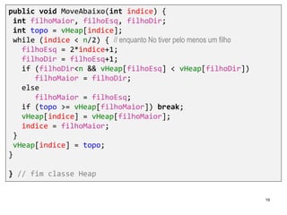 19
public void MoveAbaixo(int indice) {
int filhoMaior, filhoEsq, filhoDir;
int topo = vHeap[indice];
while (indice < n/2) { // enquanto No tiver pelo menos um filho
filhoEsq = 2*indice+1;
filhoDir = filhoEsq+1;
if (filhoDir<n && vHeap[filhoEsq] < vHeap[filhoDir])
filhoMaior = filhoDir;
else
filhoMaior = filhoEsq;
if (topo >= vHeap[filhoMaior]) break;
vHeap[indice] = vHeap[filhoMaior];
indice = filhoMaior;
}
vHeap[indice] = topo;
}
} // fim classe Heap
 