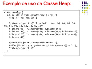 20
Exemplo de uso da Classe Heap:
class HeapApp {
public static void main(String[] args) {
Heap h = new Heap(20);
System.out.println(" Inserindo itens: 90, 60, 80, 30,
55, 50, 70, 20, 10, 40, 5, 45");
h.insere(90); h.insere(60); h.insere(80);
h.insere(30); h.insere(55); h.insere(50); h.insere(70);
h.insere(20); h.insere(10); h.insere(40); h.insere(5);
h.insere(45);
System.out.print(" Removendo itens: ");
while (!h.vazio()) System.out.print(h.remove() + " ");
System.out.println();
}
}
 