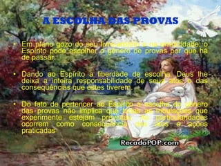 A ESCOLHA DAS PROVAS Em pleno gozo do seu livre-arbítrio e na erraticidade: o Espírito pode escolher o gênero de provas por que há de passar. Dando ao Espírito a liberdade de escolha, Deus lhe deixa a inteira responsabilidade de seus atos e das conseqüências que estes tiverem. Do fato de pertencer ao Espírito a escolha do gênero das provas não implica que todas as tribulações que experimente estejam previstas. As particularidades ocorrem como conseqüência dos atos e ações praticadas  