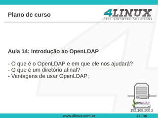 Plano de curso




Aula 14: Introdução ao OpenLDAP

- O que é o OpenLDAP e em que ele nos ajudará?
- O que é um diretório afinal?
- Vantagens de usar OpenLDAP;




                                             192.168.200.2
                    www.4linux.com.br            23 / 36
 