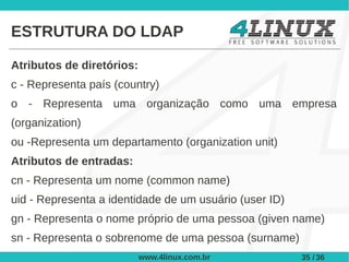 ESTRUTURA DO LDAP

Atributos de diretórios:
c - Representa país (country)
o - Representa uma organização como uma empresa
(organization)
ou -Representa um departamento (organization unit)
Atributos de entradas:
cn - Representa um nome (common name)
uid - Representa a identidade de um usuário (user ID)
gn - Representa o nome próprio de uma pessoa (given name)
sn - Representa o sobrenome de uma pessoa (surname)
                           www.4linux.com.br            35 / 36
 