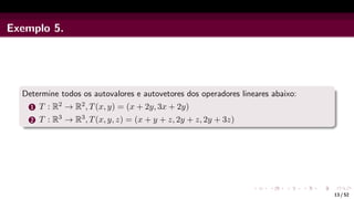 Exemplo 5.
Determine todos os autovalores e autovetores dos operadores lineares abaixo:
1 T : R2 → R2, T(x, y) = (x + 2y, 3x + 2y)
2 T : R3 → R3, T(x, y, z) = (x + y + z, 2y + z, 2y + 3z)
13 / 52
 