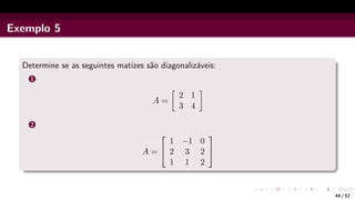 Exemplo 5
Determine se as seguintes matizes são diagonalizáveis:
1
A =

2 1
3 4

2
A =


1 −1 0
2 3 2
1 1 2


44 / 52
 