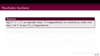 Resultados Auxiliares
Teorema
Seja T : V → V um operador linear. T é diagonalizável, se e somente se, existe uma
base β de V tal que [T]β é diagonalizável.
Teorema
Seja A ∈ Mn×n. Então A é diagonalizável se, e somente se, A é semelhante a uma
matriz diagonal D. Neste caso, D = P−1AP em que P é uma matriz cujas colunas
formam uma base de autovetores de A e D é uma matriz diagonal cujos elementos da
diagonal principal são os autovalores de A.
47 / 52
 
