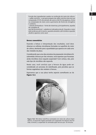 C E D E R J 79
AULA
14MÓDULO1
Função dos ingredientes usados na confecção do meio de cultura:
– caldo nutritivo – o pó para preparo de caldo nutritivo tem em sua
composição 37,5% de extrato de carne e 62,5% de peptona. Entra
na composição do meio como suprimento de fonte de nitrogênio
e carbono.
– extrato de levedura – fonte de vitaminas, principalmente, aquelas
do complexo B.
azul de bromotimol – substância indicadora de pH. Quando o meio
está verde seu pH é neutro, quando amarelo o pH é ácido e quando
alcalino aparece como azul.
Breves comentários
Fazendo a leitura e interpretação dos resultados, você deve
observar as colônias microbianas formadas na superfície do meio
de cultura, atentando para a quantidade que aparece em cada uma
das metades da placa.
Considerando que uma das amostras da preparação microbiana foi
submetida à fervura por dez minutos, você esperava que houvesse
ainda micróbios vivos naquela suspensão? Com certeza, não, pois
este tipo de micróbios não esporula.
Neste caso, você concluiu que a fervura da água pode ser
considerada um processo de esterilização, pois percebeu que as
formas vegetativas não resistem à fervura.
Esperamos que a sua placa tenha aspecto semelhante ao da
Figura 14.3.
Figura 14.3: Micróbios halofílicos semeados em meio de cultura hiper-
salínico. À esquerda região semeada com suspensão microbiana não fer-
vida; à direita, a suspensão foi semeada após fervura por 10 minutos.
 