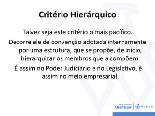 Critério Hierárquico
Talvez seja este critério o mais pacífico.
Decorre ele de convenção adotada internamente
por uma estrutura, que se propõe, de início,
hierarquizar os membros que a compõem.
É assim no Poder Judiciário e no Legislativo, é
assim no meio empresarial.
 
