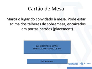 Cartão de Mesa
Marca o lugar do convidado à mesa. Pode estar
acima dos talheres de sobremesa, encaixados
em portas-cartões (placement).
Sua Excelência o senhor
EMBAIXADOR FULANO DE TAL
Sra. Beltrana
 