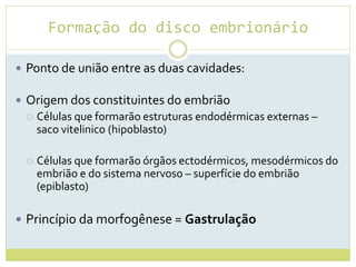 Formação do disco embrionário
 Ponto de união entre as duas cavidades:
 Origem dos constituintes do embrião
 Células que formarão estruturas endodérmicas externas –
saco vitelinico (hipoblasto)
 Células que formarão órgãos ectodérmicos, mesodérmicos do
embrião e do sistema nervoso – superfície do embrião
(epiblasto)
 Princípio da morfogênese = Gastrulação
 