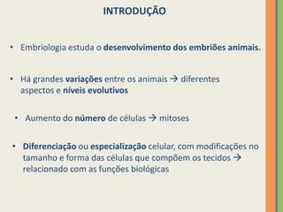INTRODUÇÃO
• Embriologia estuda o desenvolvimento dos embriões animais.
• Há grandes variações entre os animais  diferentes
aspectos e níveis evolutivos

• Aumento do número de células  mitoses
• Diferenciação ou especialização celular, com modificações no
tamanho e forma das células que compõem os tecidos 
relacionado com as funções biológicas

 