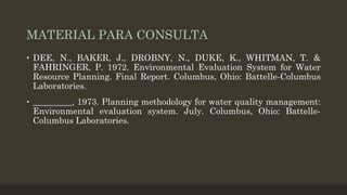 MATERIAL PARA CONSULTA
• DEE, N., BAKER, J., DROBNY, N., DUKE, K., WHITMAN, T. &
FAHRINGER, P. 1972. Environmental Evaluation System for Water
Resource Planning. Final Report. Columbus, Ohio: Battelle-Columbus
Laboratories.
• _________, 1973. Planning methodology for water quality management:
Environmental evaluation system. July. Columbus, Ohio: BattelleColumbus Laboratories.

 